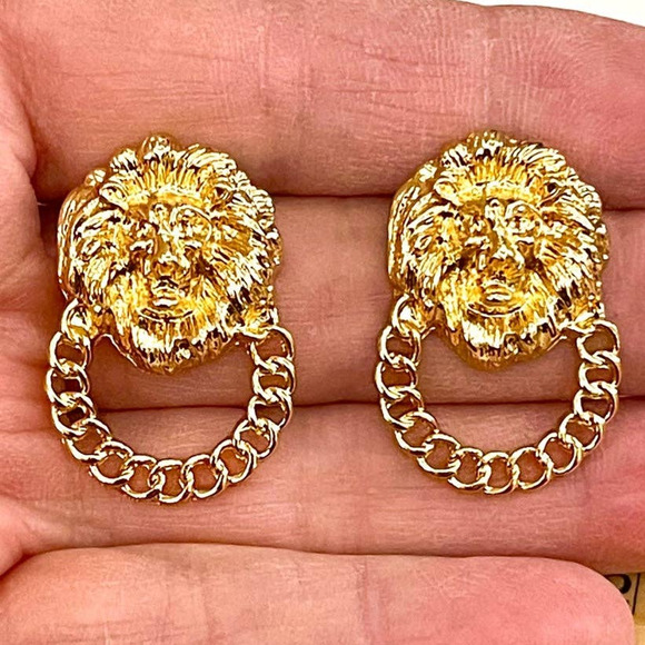NEW Earrings LION HEAD Big Cat Door Knocker Style Jewelry Pierced Post MA19 - Picture 4 of 7